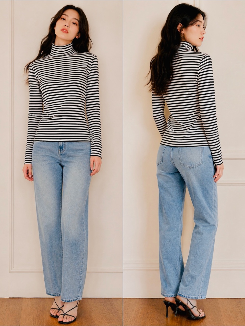 Uniqlo Black and White Striped Turtleneck Long Sleeve Top